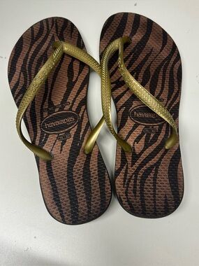 Havaianas Slim Flip Flops Brown Gold Zebra US 4/5 Womens